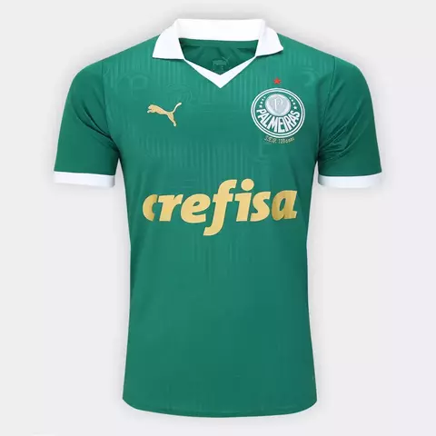 Camisa verde do Palmeiras I 24/25, modelo masculino, com logo da Puma e detalhes em branco.