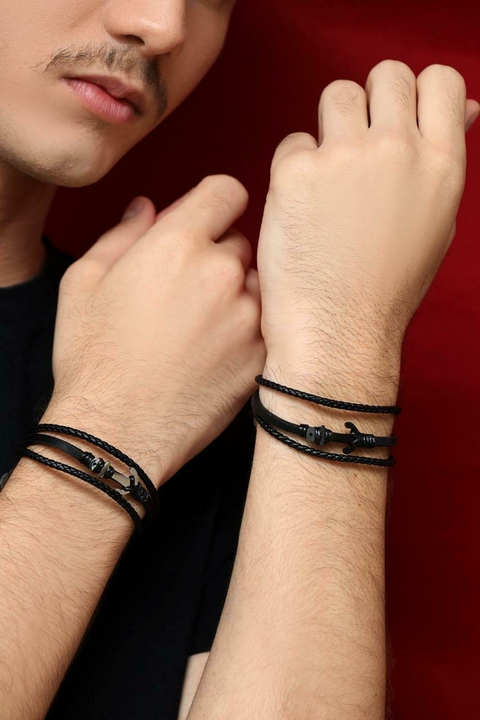 Pulseira Couro Maculina Âncora Preta
