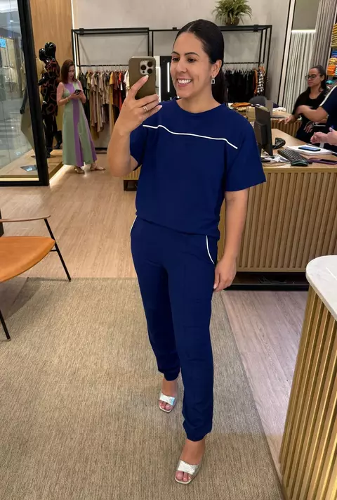 Conjunto Calça e Blusa Manga Curta Moletinho Premium Azul Profundo - comprar online