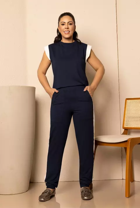 Conjunto Comfy Bicolor Calça Sequinha Punho Barra Blusa Cavada Azul Resort - Ref 1393 - comprar online