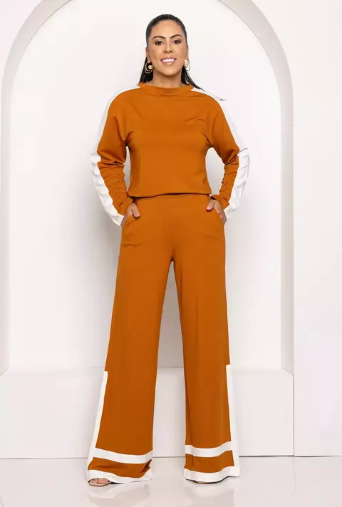 Conjunto Calça e Blusa Manga Longa Bicolor em Moletinho Premium - Marrom Luminor - comprar online