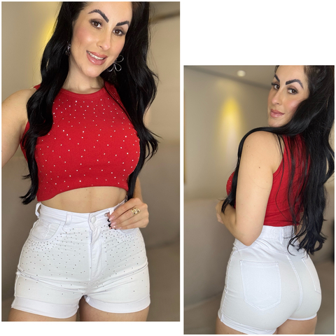 Shorts Jeans Branco com Strass