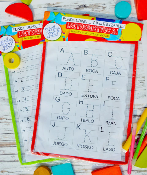 SET LECTOESCRITURA FUNDA REUTILIZABLE + MARCADOR + HOJAS GUIA