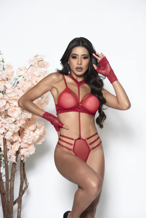 Conjuto de Lingerie com luvas e shoker