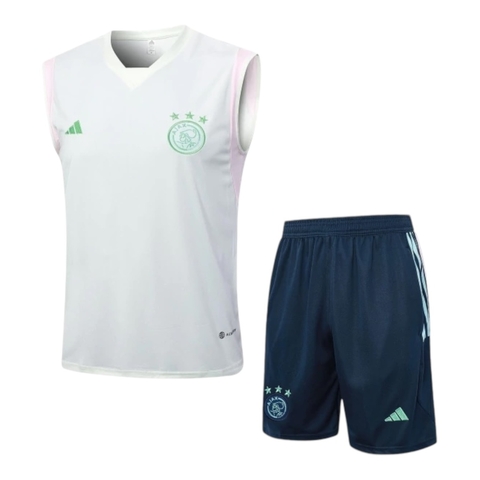 Kit Treino adulto - Camisa e Shorts - Ajax Adidas 23/24 - Branco e azul com detalhes em verde