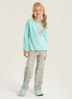 Pijama Longo Infantil Menina Verde Água Blusa e Calça Ursinha - comprar online
