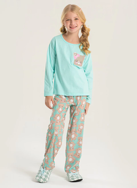 Pijama Longo Infantil Menina Verde Água Blusa e Calça Ursinha - comprar online