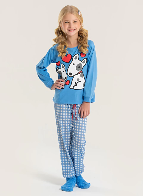 Pijama Longo Infantil Menina Azul Blusa e Calça Cachorrinhos - comprar online