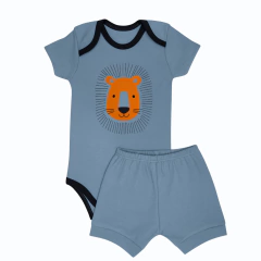 Kit Bebê 2 Peças Suedine Body Manga Curta e Bermuda Leão Azul