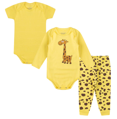 Kit Bebê 3 Peças Suedine Body Manga Curta e Longa Girafinha com Calça Estampada - comprar online
