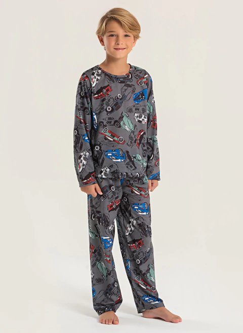 Pijama Longo Infantil Menino Cinza Blusa e Calça Super Carros - comprar online