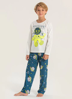 Pijama Longo Infantil Menino Off White Blusa e Calça Astronauta - comprar online