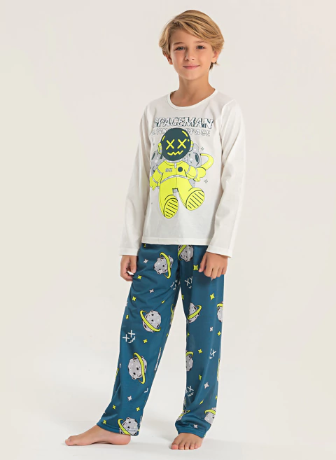 Pijama Longo Infantil Menino Off White Blusa e Calça Astronauta - comprar online