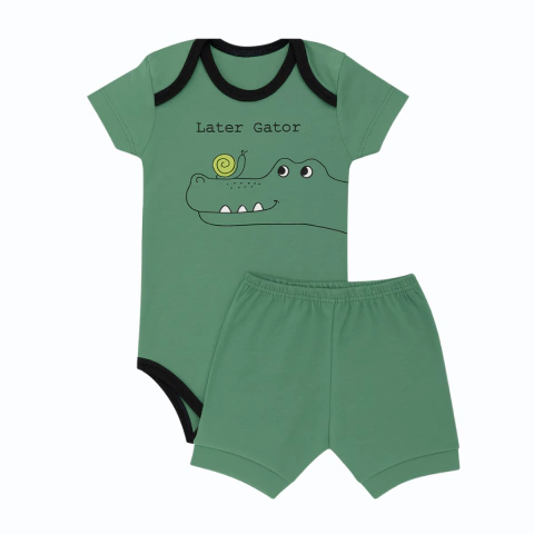 Kit Bebê 2 Peças Suedine Body Manga Curta e Bermuda Jacaré Verde