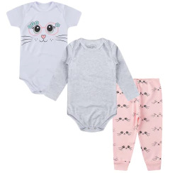 Kit Bebê 3 Peças Suedine Body Manga Curta e Longa Olhar de Gatinha com Calça Estampada - comprar online