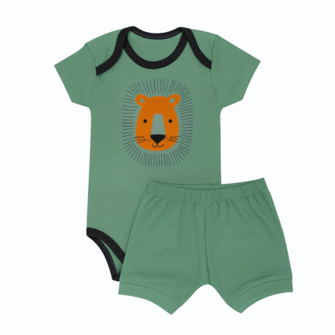 Kit Bebê 2 Peças Suedine Body Manga Curta e Bermuda Leão Verde