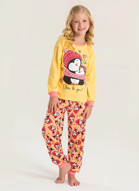 Pijama Longo Infantil Menina Amarelo Blusa e Calça Pinguim Sonhador - comprar online