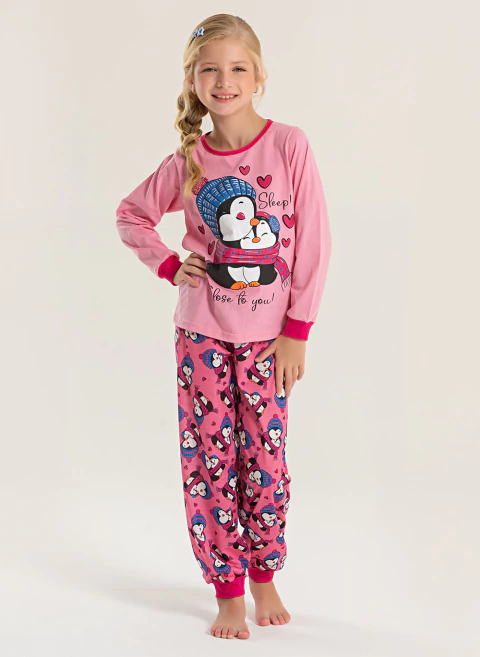 Pijama Longo Infantil Menina Rosa Blusa e Calça Pinguim Sonhador - comprar online