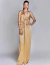 Vestido de festa longo de cetim em bege gold, modelo tubinho com detalhe de amarração frontal.
