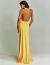 Mulher vestindo vestido longo amarelo com costas abertas.