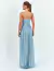 Vestido de festa longo azul Serenity com fio de lurex, modelo tomara que caia, visto de costas ideal para madrinhas de casamento