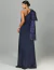 Vestido longo com laço azul noite Glam Sunflower, visto de costas, destacando o design elegante e sofisticado.