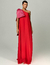 Modelo usando vestido longo vermelho com laço no ombro, ideal para festas e eventos elegantes.