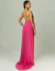Vestido longo de festa na cor pink com decote triangular e plissado, estilo frente única.