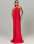Vestido de festa longo vermelho com decote triangular e estilo plissado, modelo frente única.