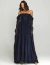 Vestido longo ombro a ombro azul noite Bloom Essence, com tecido fluido e elegante, ideal para ocasiões especiais.