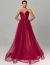 Vestido de festa longo bordado na cor marsala, modelo Lunara, com alças finas e saia rodada em tule brilhante.