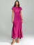 Mulher vestindo vestido midi fluido fúcsia Nocturne Charm, com caimento elegante e tecido acetinado.