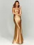 Vestido de festa longo dourado com busto drapeado, modelo Micenas.