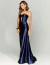 Vestido de festa longo azul marinho com busto drapeado, modelo Micenas.
