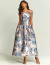 Vestido de festa midi estampado azul marinho com alças finas e padrão floral sofisticado ideal para casual, convidada de casamento