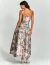 Vestido de festa midi estampado preto Oxford, visto de costas ideal para casual, convidada de casamento