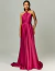Vestido de festa longo de cetim magenta, modelo frente única, elegante e sofisticado, ideal para madrinhas, formaturas e eventos especiais.
