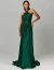 Vestido de festa longo de cetim verde musgo com detalhe de amarração no pescoço.