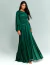 Mulher vestindo vestido de festa longo verde floresta com uma manga bufante, modelo Santorini, ideal para madrinhas e eventos elegantes.