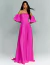 Vestido de festa longo pink com manga bufante, estilo tomara que caia, ideal para casamentos e formaturas.