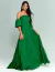 Vestido de festa longo verde com manga bufante e decote tomara que caia.