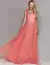 Vestido de festa longo de tule coral com corset, modelo elegante e sofisticado ideal para convidada de casamento