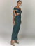 Vestido midi petróleo com tule no busto, estilo elegante e moderno ideal para festas e eventos especiais.