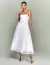 Vestido Midi de Renda Guipir Branco Cecília com design tomara que caia e cinto, ideal para eventos especiais.