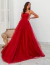 Vestido de festa longo de tule drapeado vermelho Pequim, estilo princesa, com alças finas e detalhe nas costas ideal  para formandas, madrinhas de casamento, ocasião especial
