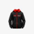 Chaqueta negra con capucha roja y cremallera roja, con logos de Morat y Yema en el pecho