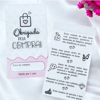 50 Cartões de Agradecimento e Garantia para Semijoias