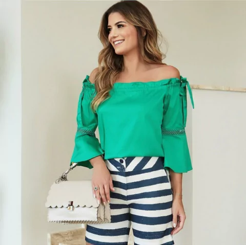 Blusa Verde Ciganinha Tricoline - Luzia Fazzolli