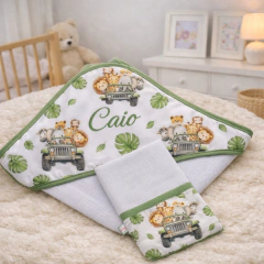 Imagem do Kit Essencial Personalizado com Nome do Bebê | Toalha com Capuz + Fralda de Boca