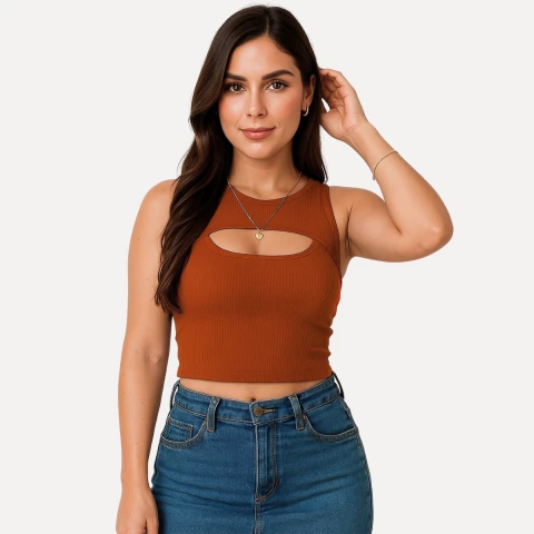 Cropped Regata Decote Busto Canelado Terracota - comprar online